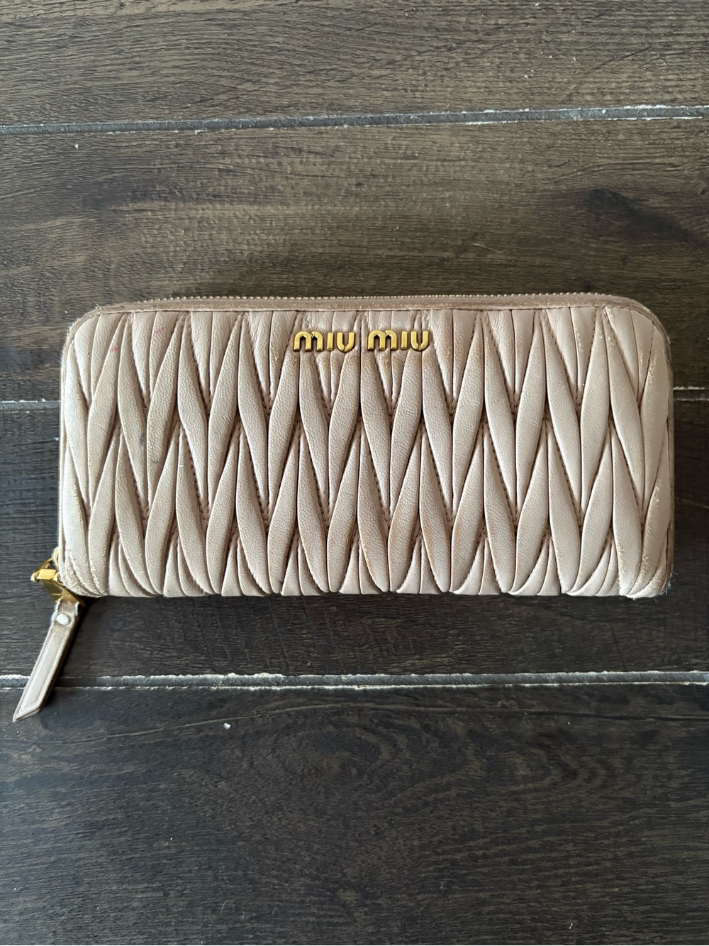 Miu Miu Nude Quilted Zip Wallet with Gold Logo
